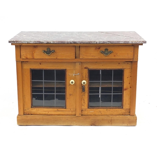 14 - Pine wash stand with marble top above a pair of leaded glazed doors, 76cm H x 110cm W x 52cm D
