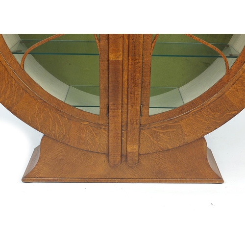 2001 - Circular Art Deco oak display cabinet fitted with four glass shelves, 143cm H x 143cm W x 31cm D