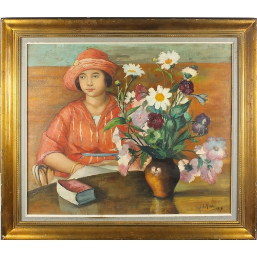 2056 - Female at a table with flowers, Modern British oil onto board, bearing a signature J B Manson, mount... 