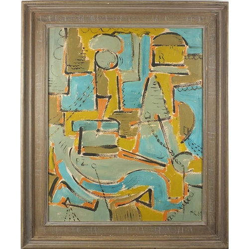 2055 - Abstract composition, gravel boat, oil onto board, bearing a monogram MC 59 and inscription verso, f... 