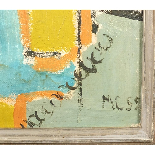2055 - Abstract composition, gravel boat, oil onto board, bearing a monogram MC 59 and inscription verso, f... 