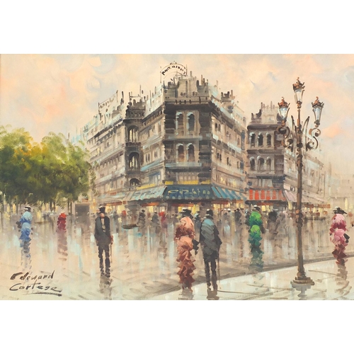 26 - Oil onto canvas, Parisian street scene, bearing a signature Edouard Cortege, gilt framed, 70cm x 50c... 