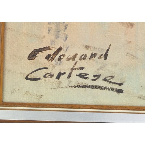 26 - Oil onto canvas, Parisian street scene, bearing a signature Edouard Cortege, gilt framed, 70cm x 50c... 