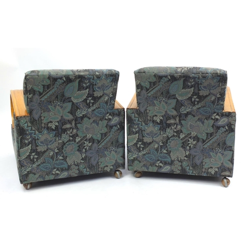 2002 - Pair of Art Deco oak framed easy chairs with floral upholstery, 76cm H x 70cm W x 85cm D