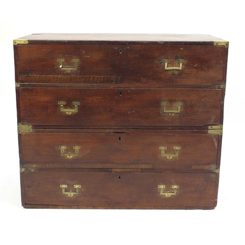 2003 - Victorian teak campaign chest with inset brass handles, in two sections with carrying handles, the t... 