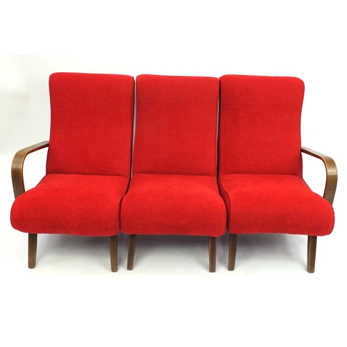 2032 - Vintage three section three seater settee, recently reupholstered in a red fabric, 89cm H x 176cm D