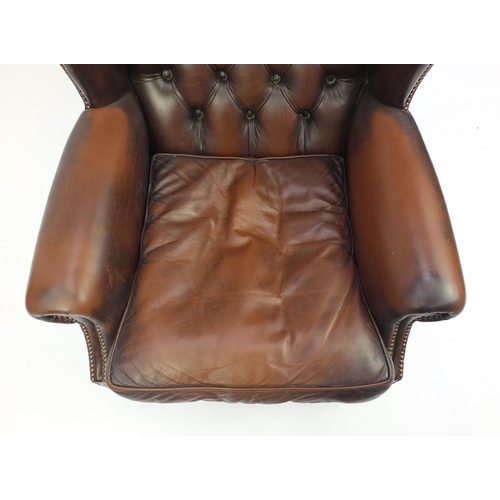 2017 - Queen Anne style leather wingback arm chair with button back upholstery, 98cm high