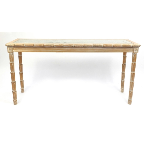2021 - Bleached walnut console table with inset glass top on simulated bamboo legs, 72cm H 142cm W x 43cm D