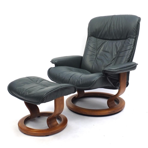 2025 - Ekornes green leather stressless arm chair with stool