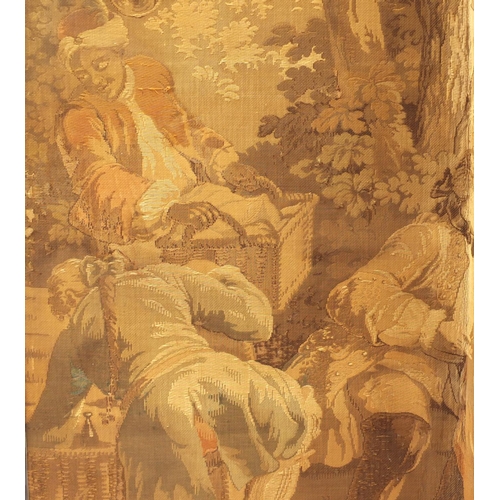2013 - Four fold tapestry screen decorated with scenes of merry making, 205cm high x 240cm wide