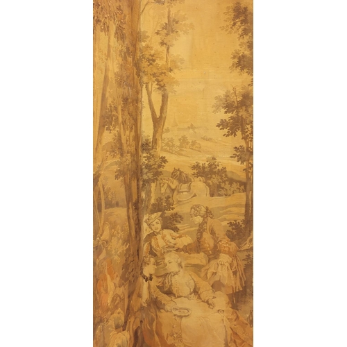 2013 - Four fold tapestry screen decorated with scenes of merry making, 205cm high x 240cm wide