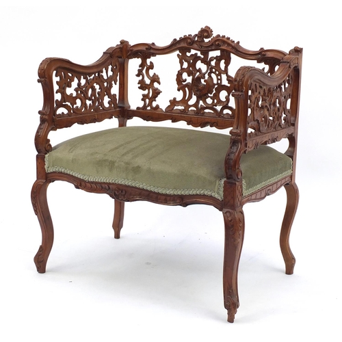2019 - Hardwood hall bench carved with C scrolls and foliage, 74cm H x 65cm W 46cm D