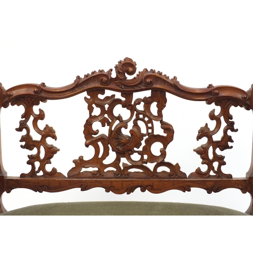 2019 - Hardwood hall bench carved with C scrolls and foliage, 74cm H x 65cm W 46cm D