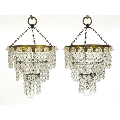 2049 - Pair of three tier glass and brass chandeliers, each 20cm in diameter