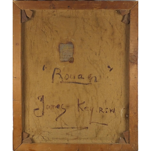 22 - Bovan street scene, oil onto canvas, bearing a signature James Kay, inscribed verso, unframed, 60cm ... 