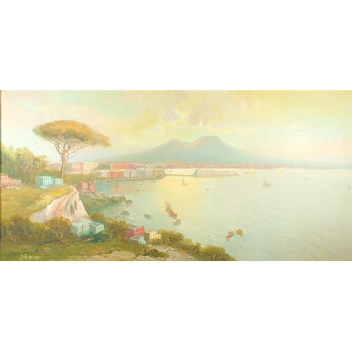 24 - Sorrento bay Naples, oil onto canvas, bearing a indistinct signature Tusll?, inscribed verso, framed... 