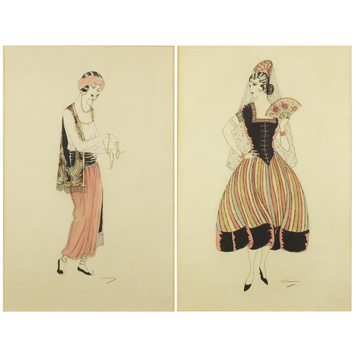 49 - N C Newman - 1920's Fashion designs, Pair of ink and watercolours, both mounted and gilt framed, eac... 