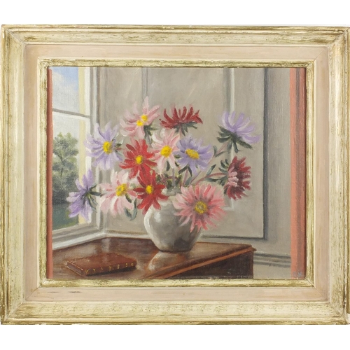 1412 - Still life flowers in a vase, oil onto canvas, bearing a monogram E H and inscription verso, framed,... 