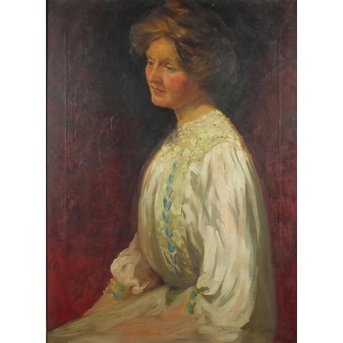 1392 - Top half portrait of a seated female, oil onto canvas, framed, 75cm x 55cm