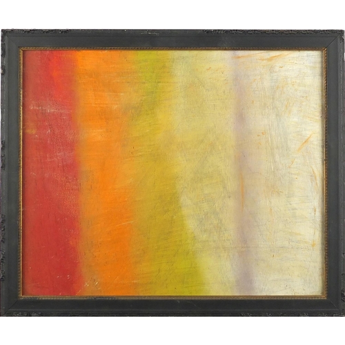 1411 - Abstract composition, merging colours, oil onto board, inscribed verso, framed, 27.5cm x 22.5cm