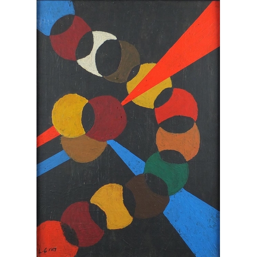 1393 - Abstract composition atom, oil onto board, bearing a monogram LS 1969 and partially inscribed London... 