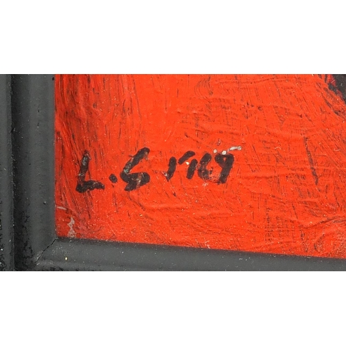 1393 - Abstract composition atom, oil onto board, bearing a monogram LS 1969 and partially inscribed London... 