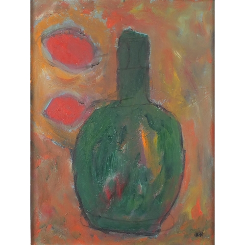 1378 - Still life bottle, oil onto canvas, bearing a monogram RH, framed, 39.5cm x 29cm