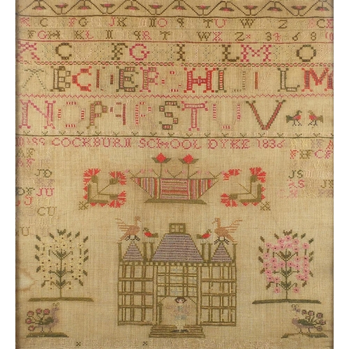 135 - 19th century needlepoint sampler with a house and animals, by Miss Cockburn school Dyke, dated 1836,... 