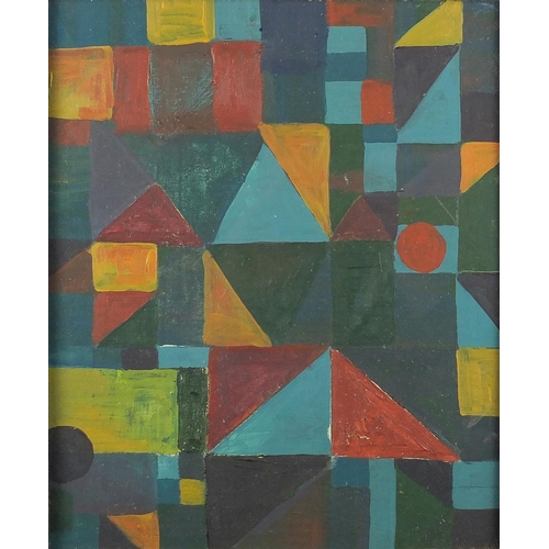 1179 - Abstract composition, colourful shapes, oil onto board, bearing an inscribed Ireland Bros label vers... 