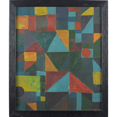 1179 - Abstract composition, colourful shapes, oil onto board, bearing an inscribed Ireland Bros label vers... 