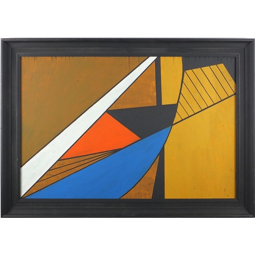 1400 - Abstract composition, colourful geometric shapes, oil onto board, inscribed verso, mounted and frame... 