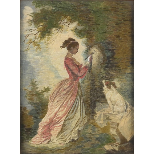140 - 19th century silk work picture of a female and a dog beside a tree, framed, 28cm x 19.5cm