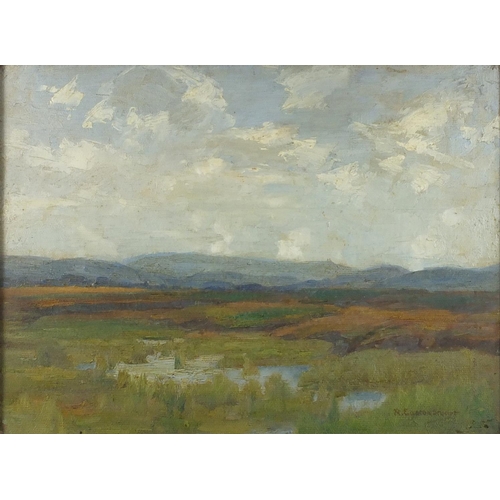 1199 - R Easton Stuart - Scottish marsh landscape, oil onto board, inscription and inscribed label verso, f... 