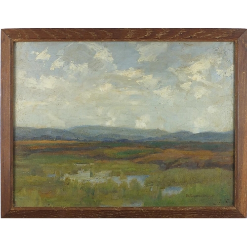 1199 - R Easton Stuart - Scottish marsh landscape, oil onto board, inscription and inscribed label verso, f... 