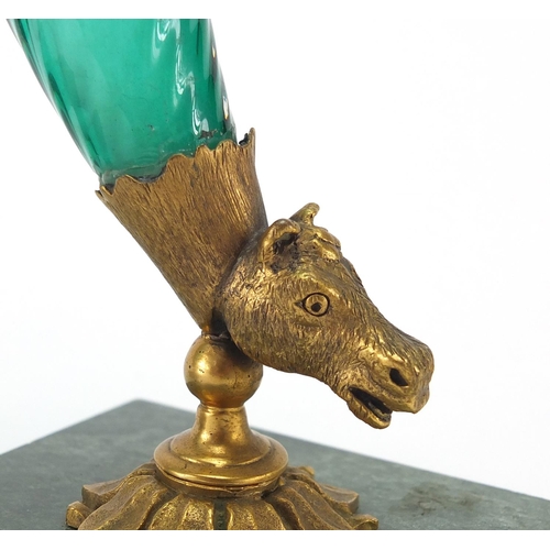 60 - Pair of Cornucopia glass vases on square marble bases, with gilt horse head mounts, each 15cm high