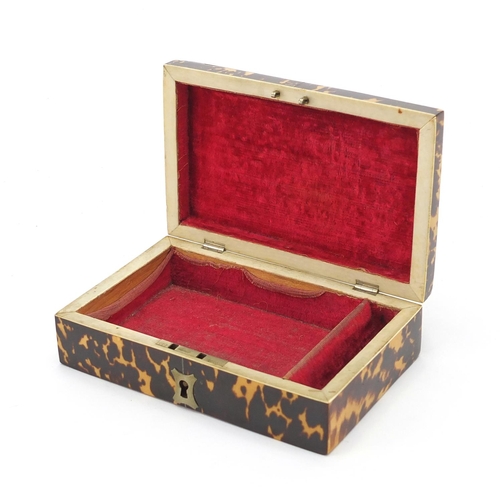 76 - Rectangular tortoiseshell and ivory jewel box with velvet lined interior, 4.5cm H x 13cm W x 8.3cm D