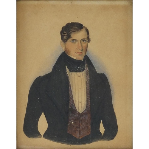 15 - Rectangular hand painted portrait of a gentleman wearing a cravat, housed in a rosewood frame, 13cm ... 