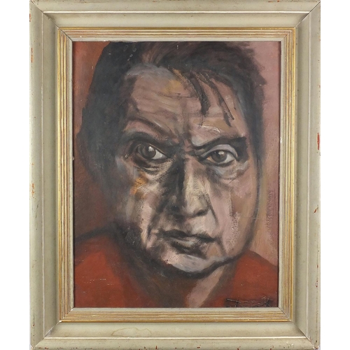 1388 - Portrait of Francis Bacon, Mercian school oil onto board, bearing an indistinct signature P??k and l... 