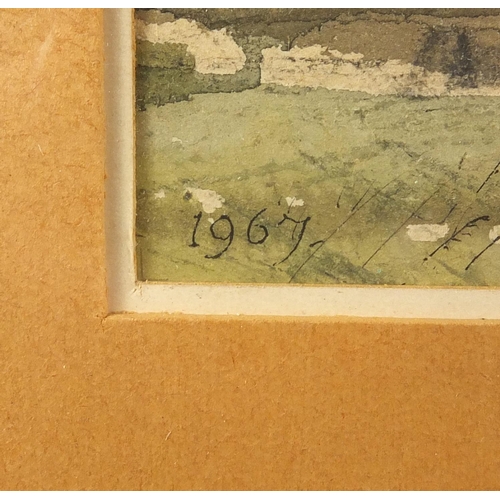 1159 - John Knapp Fisher 1967 – Pembrokeshire farmland, ink and watercolour, inscribed verso, mounted and f... 