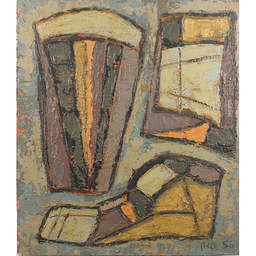 1401 - Abstract composition, interior, unframed oil onto wood panel, bearing a signature Feiler '56 and ins... 