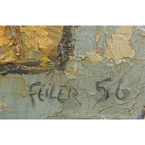 1401 - Abstract composition, interior, unframed oil onto wood panel, bearing a signature Feiler '56 and ins... 