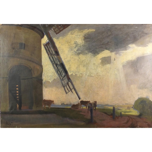 1417 - Cows beside a windmill, oil onto canvas, bearing a monogram KV and inscription verso, unframed, 87cm... 