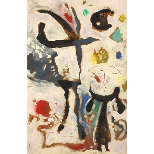 1208 - After Joan Miro - Abstract composition, oil onto board, mounted and framed, 53cm x 36cm