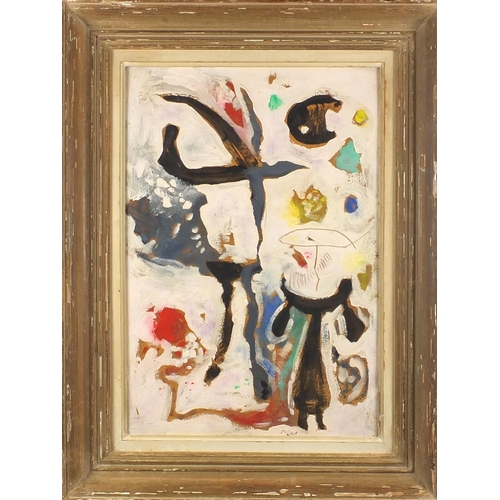 1208 - After Joan Miro - Abstract composition, oil onto board, mounted and framed, 53cm x 36cm