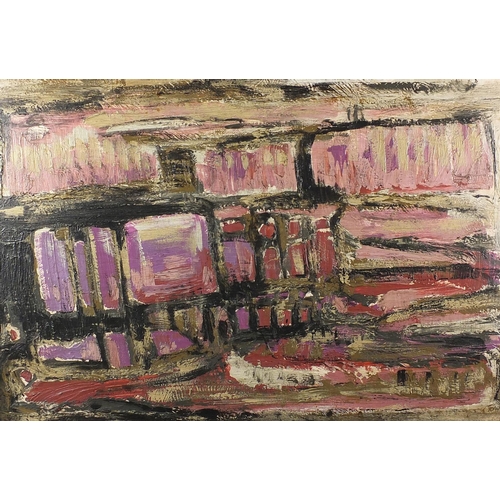 1375 - Abstract composition, oil onto board, bearing a signature Bell, framed, 62cm x 41cm