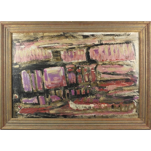 1375 - Abstract composition, oil onto board, bearing a signature Bell, framed, 62cm x 41cm