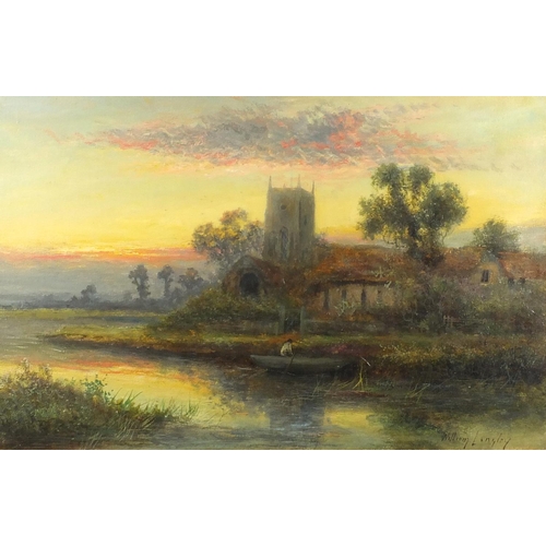 1385 - William Langley - Figure in a river before a church, oil onto canvas, mounted and framed, 60cm x 39c... 