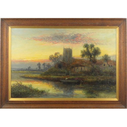 1385 - William Langley - Figure in a river before a church, oil onto canvas, mounted and framed, 60cm x 39c... 