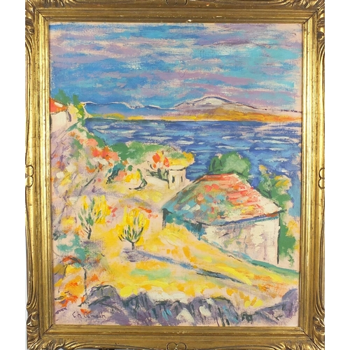 1171 - Continental villa by the sea, oil onto canvas, bearing a signature CH Camoin, label verso, framed, 4... 