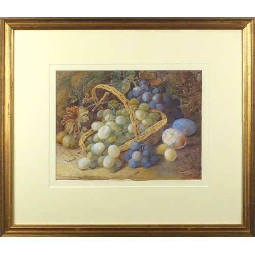 1227 - Vincent Clare - Still life fruit in a basket, 19th century watercolour onto card, mounted and framed... 